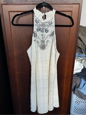 SAYLOR Ivory Crochet Lace Embellished Rhinestone Halter Mini Dress M